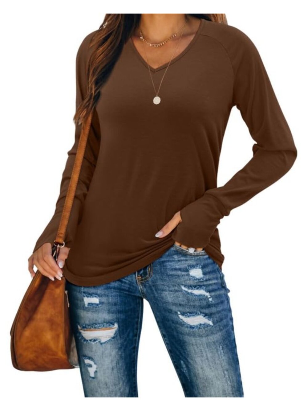 Women Long Sleeve Tunic Top V-Neck Solid Pull On Casual Shirt